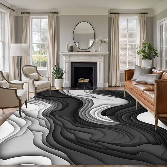 5'x8' Area Rugs, Black Grey Ombre Indoor Outdoor Area Rug for Living Room Bedroom, Abstract Moire Art Geometric Modern Washable Bathroom Rugs Kitchen Floor Carpet Mats Home Decor Aesthetic