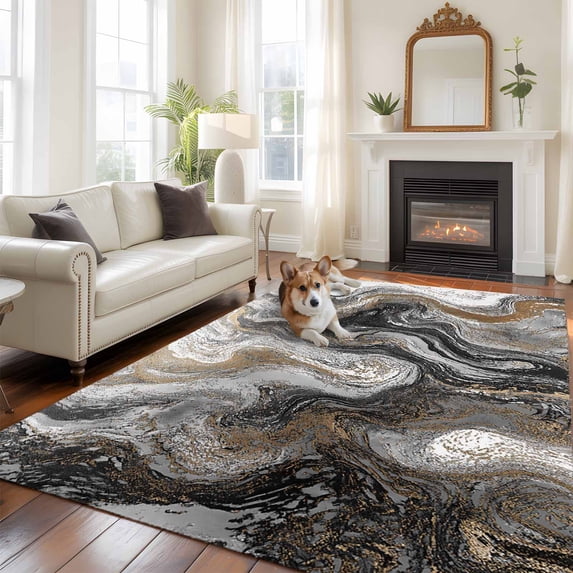 5'x8' Area Rugs, Black Marble Indoor Outdoor Area Rug for Living Room Bedroom, Retro Chic Abstract Mottled Texture Art Washable Bathroom Rugs Kitchen Floor Carpet Mats Home Decor Aesthetic