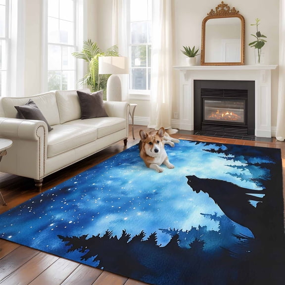 5'x8' Area Rugs, Black Wolf Silhouette Indoor Outdoor Area Rug for Living Room Bedroom, Abstract Starry Night Forest Washable Bathroom Rugs Kitchen Floor Carpet Mats Home Decor Aesthetic
