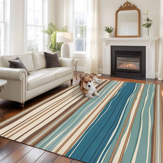 5'x8' Area Rugs, Blue Brown Beige Indoor Outdoor Area Rug for Living Room Bedroom, Boho Farmhouse Country Abstract Striped Washable Bathroom Rugs Kitchen Floor Carpet Mats Home Decor Aesthetic