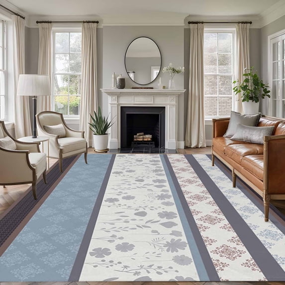 5'x8' Area Rugs, Blue Brown Stripes Indoor Outdoor Area Rug for Living Room Bedroom, Abstract Geometric Spring Flowers Country Washable Bathroom Rugs Kitchen Floor Carpet Mats Home Decor Aesthetic