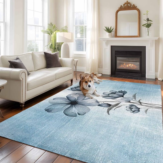 5'x8' Area Rugs, Blue Flower Indoor Outdoor Area Rug for Living Room Bedroom, Retro Gradient Texture Painting Plant Leaf Washable Bathroom Rugs Kitchen Floor Carpet Mats Home Decor Aesthetic