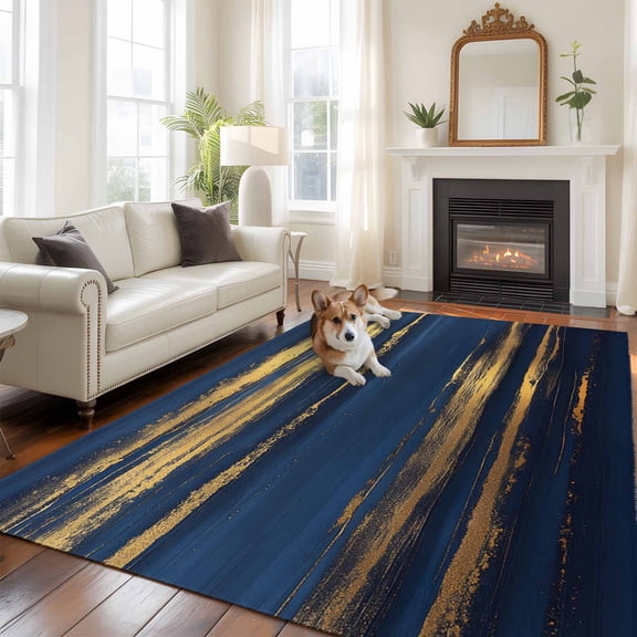5'x8' Area Rugs, Blue Gold Coastal Indoor Outdoor Area Rug for Living Room Bedroom, Summer Modern Ocean Wave Washable Bathroom Rugs Kitchen Floor Carpet Mats Home Decor Aesthetic