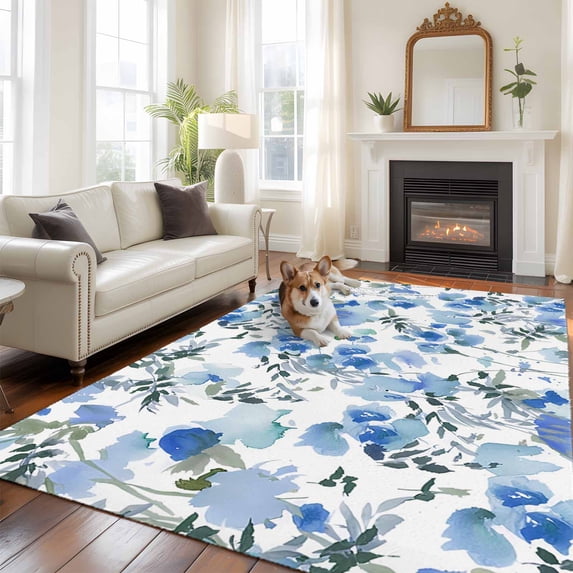 5'x8' Area Rugs, Blue Green Spring Floral Indoor Outdoor Area Rug for Living Room Bedroom, Watercolor Blooming Botanical Summer Washable Bathroom Rugs Kitchen Floor Carpet Mats Home Decor Aesthetic