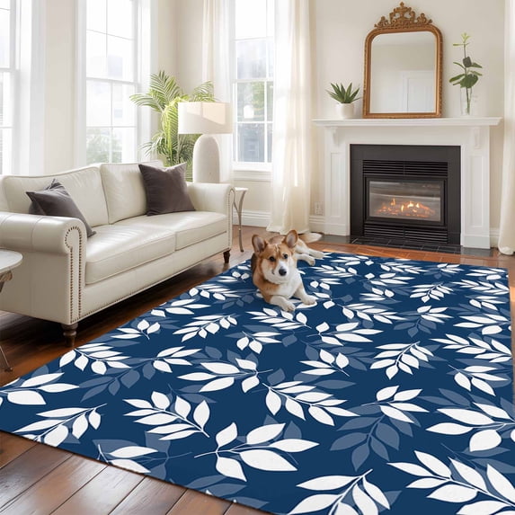 5'x8' Area Rugs, Blue Leaves Indoor Outdoor Area Rug for Living Room Bedroom, Farmhouse Pastoral Spring Leaf Branch Washable Bathroom Rugs Kitchen Floor Carpet Mats Home Decor Aesthetic