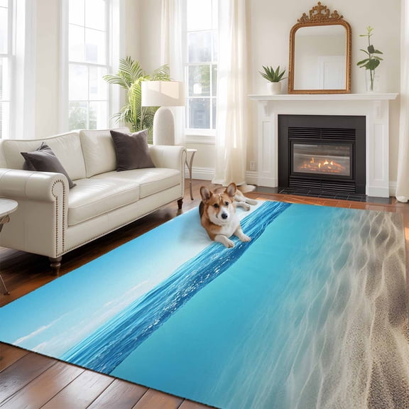 5'x8' Area Rugs, Blue Ocean Indoor Outdoor Area Rug for Living Room Bedroom, Summer Beach Sky Waves Sandy Underwater Washable Bathroom Rugs Kitchen Floor Carpet Mats Home Decor Aesthetic