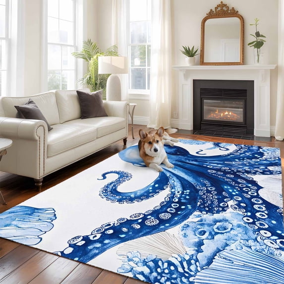 5'x8' Area Rugs, Blue Octopus Coastal Indoor Outdoor Area Rug for Living Room Bedroom, Nautical Summer Beach Ocean Washable Bathroom Rugs Kitchen Floor Carpet Mats Home Decor Aesthetic