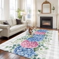 thumbnail image 1 of 5'x8' Area Rugs, Blue Pink Hydrangea Indoor Outdoor Area Rug for Living Room Bedroom, Eucalyptus Leaves Grey Plaid Washable Bathroom Rugs Kitchen Floor Carpet Mats Home Decor Aesthetic, 1 of 8
