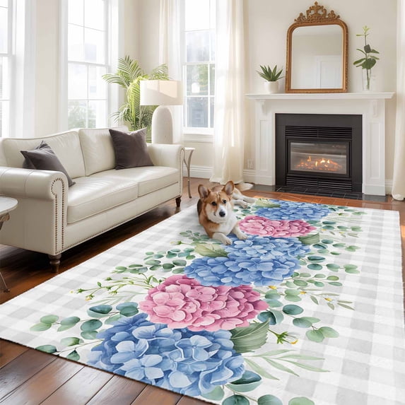 5'x8' Area Rugs, Blue Pink Hydrangea Indoor Outdoor Area Rug for Living Room Bedroom, Eucalyptus Leaves Grey Plaid Washable Bathroom Rugs Kitchen Floor Carpet Mats Home Decor Aesthetic