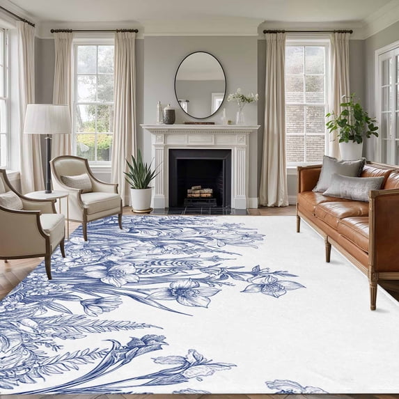 5'x8' Area Rugs, Blue Spring Floral Indoor Outdoor Area Rug for Living Room Bedroom, Watercolor Botanical Summer Vintage Washable Bathroom Rugs Kitchen Floor Carpet Mats Home Decor Aesthetic