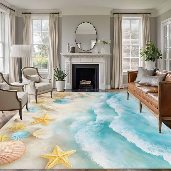 5'x8' Area Rugs, Blue Summer Beach Indoor Outdoor Area Rug for Living Room Bedroom, Coastal Starfish Shell Nautical Ocean Washable Bathroom Rugs Kitchen Floor Carpet Mats Home Decor Aesthetic