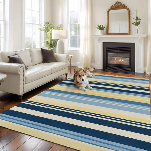 5'x8' Area Rugs, Blue Yellow Striped Indoor Outdoor Area Rug for Living Room Bedroom, Farmhouse Stripes Vintage Washable Bathroom Rugs Kitchen Floor Carpet Mats Home Decor Aesthetic