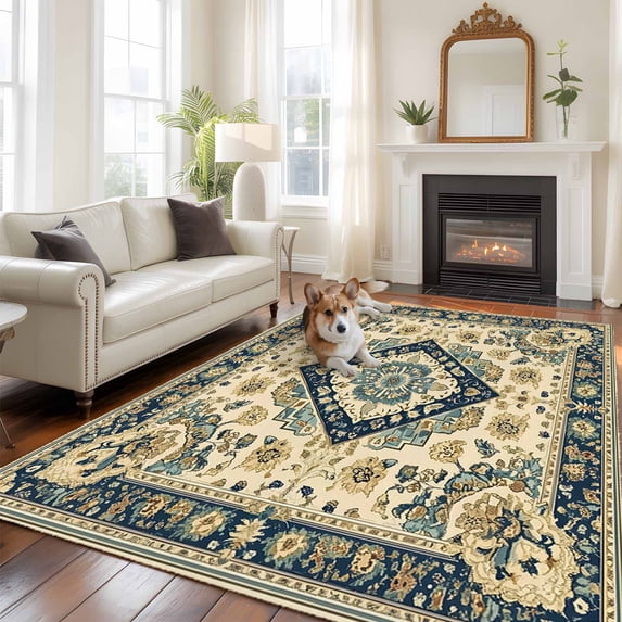 5'x8' Area Rugs, Boho Blue Beige Indoor Outdoor Area Rug for Living Room Bedroom, Ethnic Southwestern Retro Geometric Washable Bathroom Rugs Kitchen Floor Carpet Mats Home Decor Aesthetic