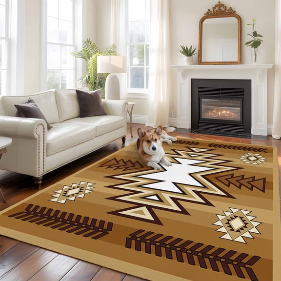 5'x8' Area Rugs, Brown Southwest Indoor Outdoor Area Rug for Living Room Bedroom, Western Rustic Ethnic Mexican Aztec Washable Bathroom Rugs Kitchen Floor Carpet Mats Home Decor Aesthetic