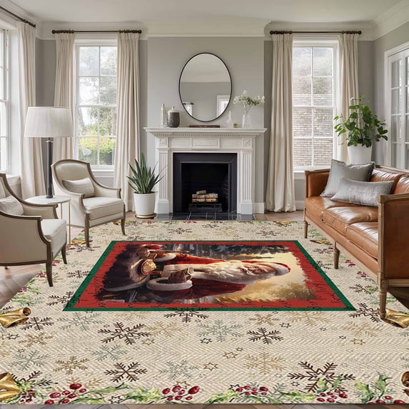 5'x8' Area Rugs, Christmas Santa Indoor Outdoor Area Rug for Living Room Bedroom, Xmas Bells Berry Botanical Farmhouse Washable Bathroom Rugs Kitchen Floor Carpet Mats Home Decor Aesthetic