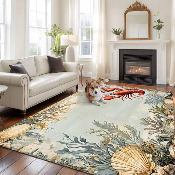 5'x8' Area Rugs, Coastal Beach Indoor Outdoor Area Rug for Living Room Bedroom, Lobster Beach Coral Shell Nautical Retro Washable Bathroom Rugs Kitchen Floor Carpet Mats Home Decor Aesthetic