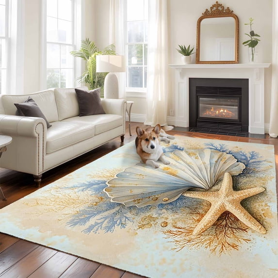5'x8' Area Rugs, Coastal Shell Indoor Outdoor Area Rug for Living Room Bedroom, Starfish Summer Beach Nautical Ocean Washable Bathroom Rugs Kitchen Floor Carpet Mats Home Decor Aesthetic