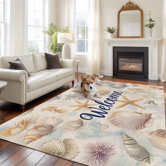 5'x8' Area Rugs, Coastal Shell Indoor Outdoor Area Rug for Living Room Bedroom, Summer Beach Ocean Sea Starfish Burlap Washable Bathroom Rugs Kitchen Floor Carpet Mats Home Decor Aesthetic