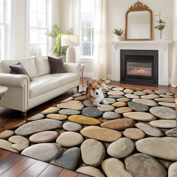 5'x8' Area Rugs, Cobblestones Indoor Outdoor Area Rug for Living Room Bedroom, Gravel Rock Natural Stones Pattern Art Washable Bathroom Rugs Kitchen Floor Carpet Mats Home Decor Aesthetic