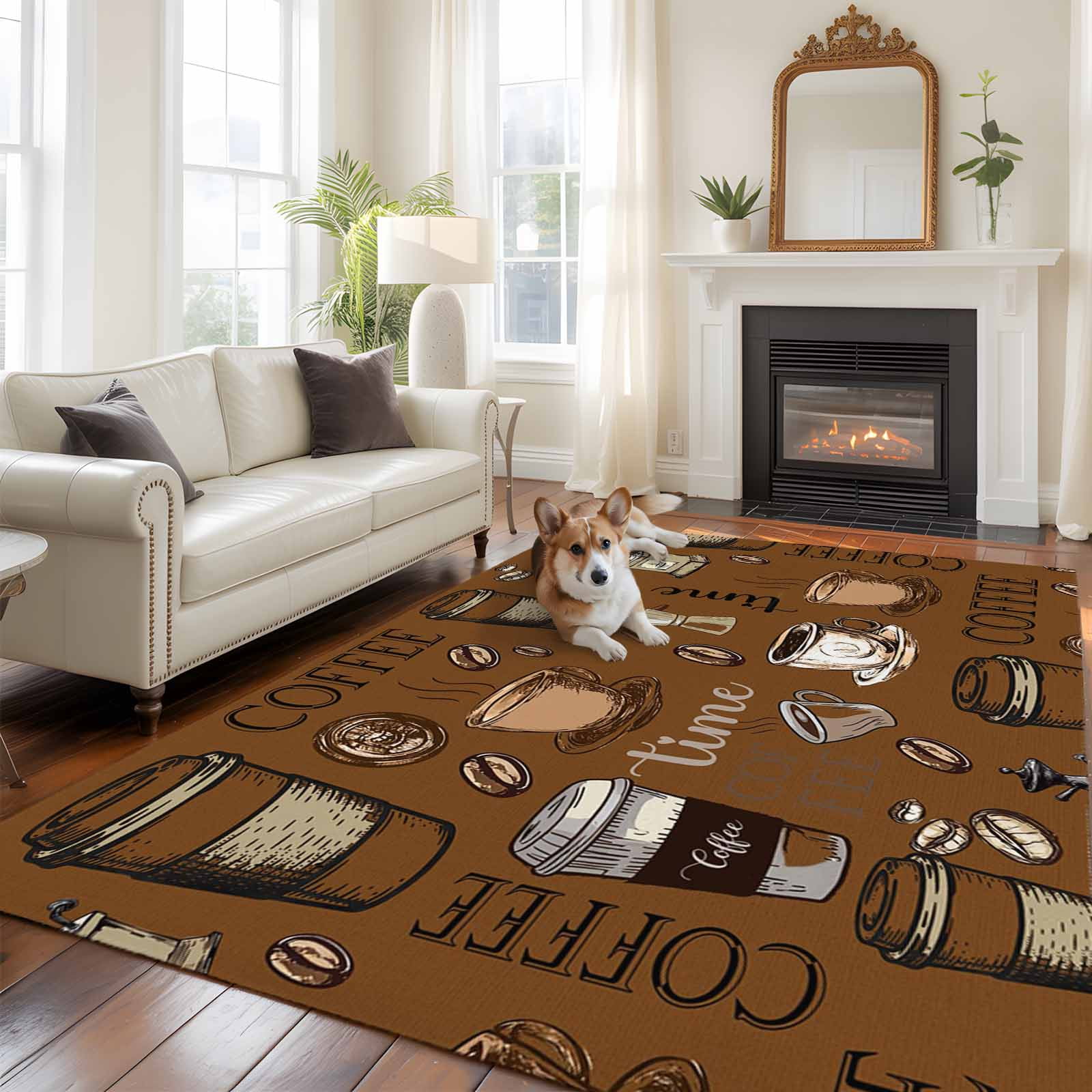 5'x8' Area Rugs, Coffee Theme Indoor Outdoor Area Rug for Living Room Bedroom, Funny Brown Vintage Beans Latte Tea Cup Washable Bathroom Rugs Kitchen Floor Carpet Mats Home Decor Aesthetic