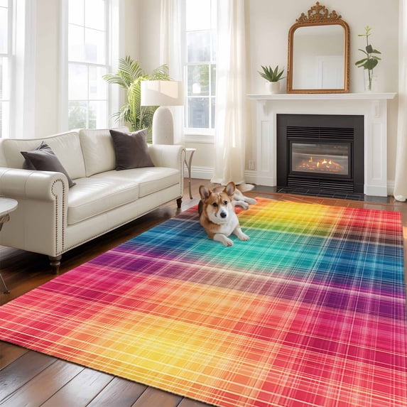 5'x8' Area Rugs, Colorful Plaid Indoor Outdoor Area Rug for Living Room Bedroom, Modern Chic Rainbow Gradient Striped Washable Bathroom Rugs Kitchen Floor Carpet Mats Home Decor Aesthetic