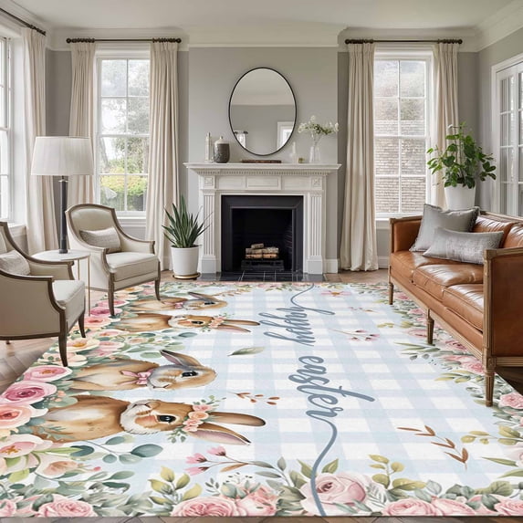 5'x8' Area Rugs, Easter Bunny Floral Indoor Outdoor Area Rug for Living Room Bedroom, Spring Flowers Checkered Watercolor Washable Bathroom Rugs Kitchen Floor Carpet Mats Home Decor Aesthetic