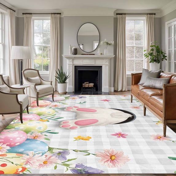 5'x8' Area Rugs, Easter Indoor Outdoor Area Rug for Living Room Bedroom, Spring Rabbit Feet Eggs Botanical Floral Grey Plaid Washable Bathroom Rugs Kitchen Floor Carpet Mats Home Decor Aesthetic
