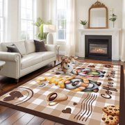 5x8 Area Rugs, Farmhouse Coffee Time Indoor Outdoor Area Rug for Living Room Bedroom, Vintage Gnomes Desserts Khaki Plaid Washable Bathroom Rugs Kitchen Floor Carpet Mats Home Decor Aesthetic