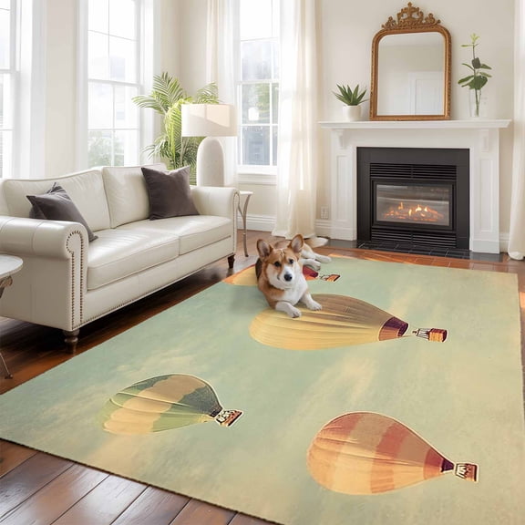 5'x8' Area Rugs, Floating Hot Air Balloon Indoor Outdoor Area Rug for Living Room Bedroom, Modern Vintage Balloon Washable Bathroom Rugs Kitchen Floor Carpet Mats Home Decor Aesthetic