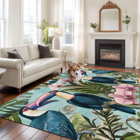 5'x8' Area Rugs, Flower Parrot Indoor Outdoor Area Rug for Living Room Bedroom, Summer Vintage Botanical Palm Tree Leaf Washable Bathroom Rugs Kitchen Floor Carpet Mats Home Decor Aesthetic