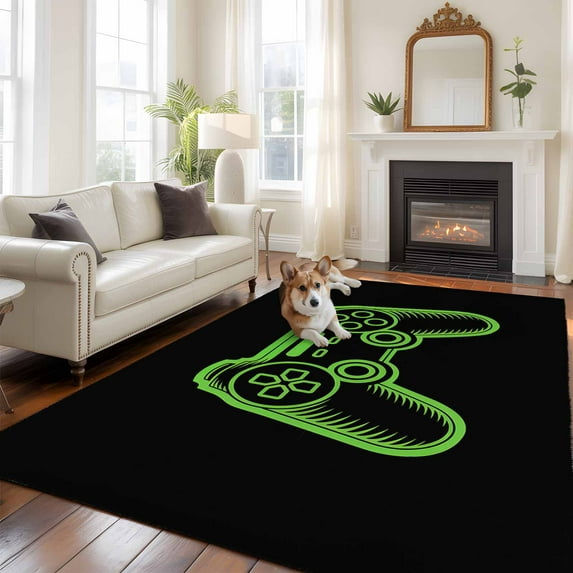 5'x8' Area Rugs, Green Game Controller Indoor Outdoor Area Rug for Living Room Bedroom, Modern Art Gaming Handheld Black Washable Bathroom Rugs Kitchen Floor Carpet Mats Home Decor Aesthetic