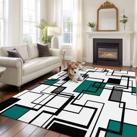 5'x8' Area Rugs, Green Geometric Indoor Outdoor Area Rug for Living Room Bedroom, Modern Black Grey Abstract Motifs Washable Bathroom Rugs Kitchen Floor Carpet Mats Home Decor Aesthetic