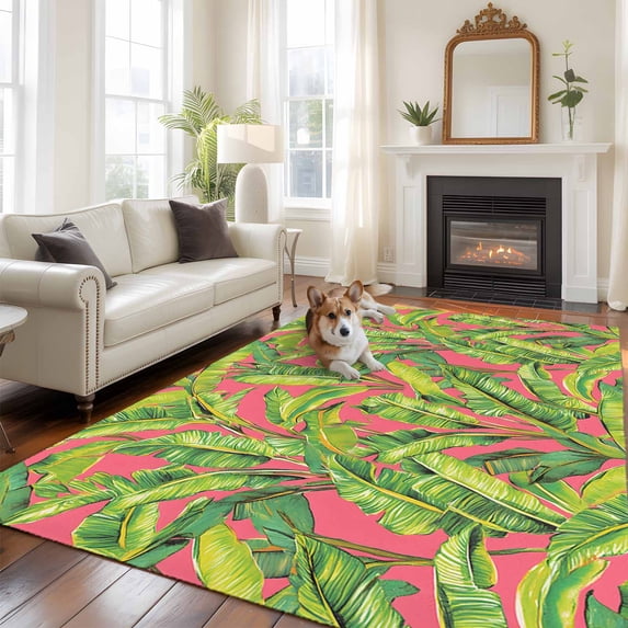 5'x8' Area Rugs, Green Tropical Leaves Indoor Outdoor Area Rug for Living Room Bedroom, Summer Palm Botanical Pink Washable Bathroom Rugs Kitchen Floor Carpet Mats Home Decor Aesthetic