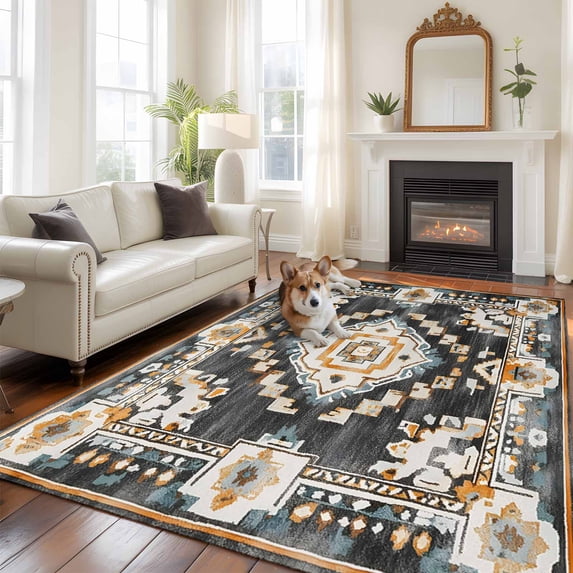 5'x8' Area Rugs, Grey Orange Boho Indoor Outdoor Area Rug for Living Room Bedroom, Southwestern Ethnic Retro Geometric Washable Bathroom Rugs Kitchen Floor Carpet Mats Home Decor Aesthetic