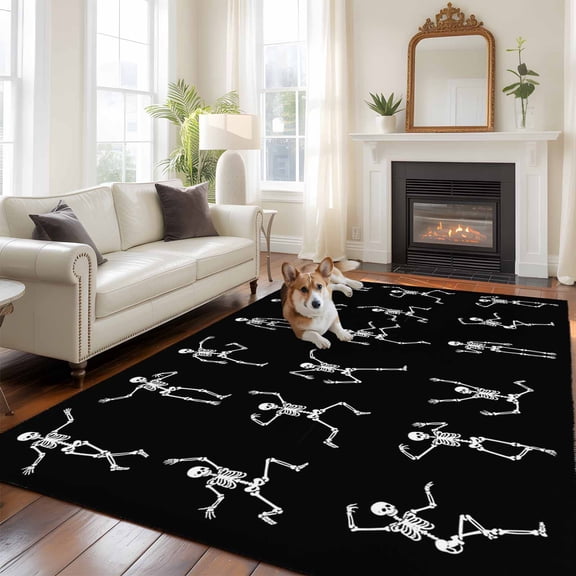 5'x8' Area Rugs, Halloween Black Indoor Outdoor Area Rug for Living Room Bedroom, Abstract Dancing Skull Skeletons Washable Bathroom Rugs Kitchen Floor Carpet Mats Home Decor Aesthetic