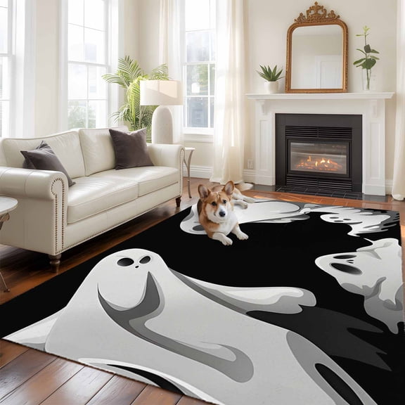 5'x8' Area Rugs, Halloween Indoor Outdoor Area Rug for Living Room Bedroom, Cartoon Scary Ghost Black Washable Bathroom Rugs Kitchen Floor Carpet Mats Home Decor Aesthetic