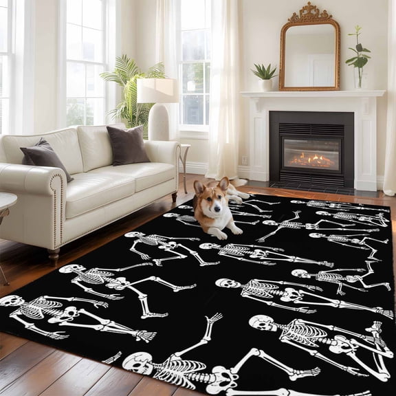 5'x8' Area Rugs, Halloween Indoor Outdoor Area Rug for Living Room Bedroom, Funny Skeleton Spooky Scary Skull Black Washable Bathroom Rugs Kitchen Floor Carpet Mats Home Decor Aesthetic