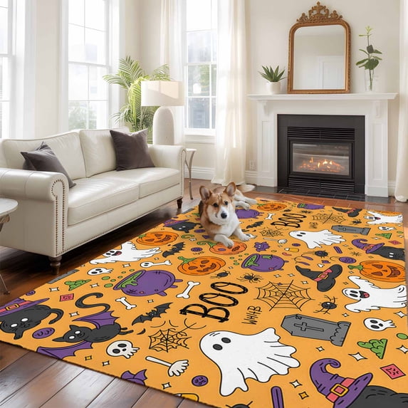 5'x8' Area Rugs, Halloween Indoor Outdoor Area Rug for Living Room Bedroom, Orange Cartoon Pumpkin Cat Star Bat Country Washable Bathroom Rugs Kitchen Floor Carpet Mats Home Decor Aesthetic
