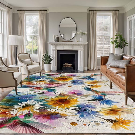 5'x8' Area Rugs, Hummingbird Indoor Outdoor Area Rug for Living Room Bedroom, Spring Vintage Oil Painting Sunflowers Beige Washable Bathroom Rugs Kitchen Floor Carpet Mats Home Decor Aesthetic