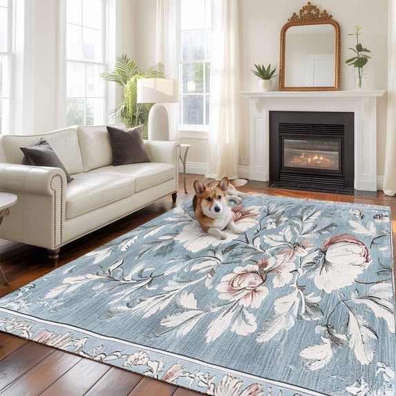 5'x8' Area Rugs, Light Blue Pink Floral Indoor Outdoor Area Rug for Living Room Bedroom, Vintage Botanical Flowers Washable Bathroom Rugs Kitchen Floor Carpet Mats Home Decor Aesthetic