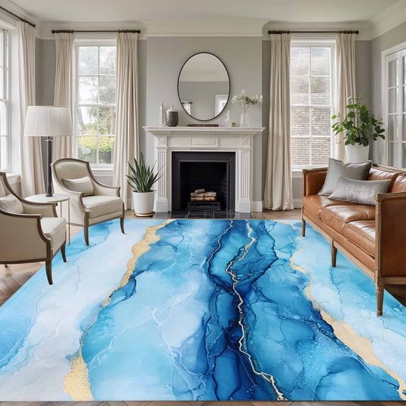 5'x8' Area Rugs, Marble Blue Ombre Indoor Outdoor Area Rug for Living Room Bedroom, Modern Abstract Ink Painted Golden Washable Bathroom Rugs Kitchen Floor Carpet Mats Home Decor Aesthetic