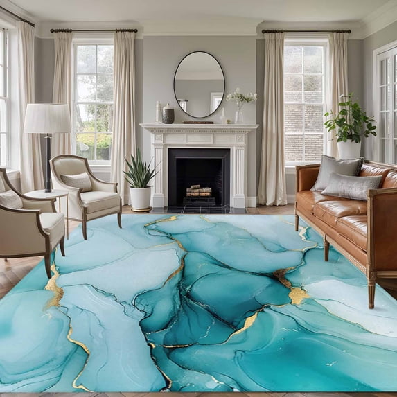 5'x8' Area Rugs, Marble Teal Indoor Outdoor Area Rug for Living Room Bedroom, Golden Ink Painting Abstract Modern Washable Bathroom Rugs Kitchen Floor Carpet Mats Home Decor Aesthetic