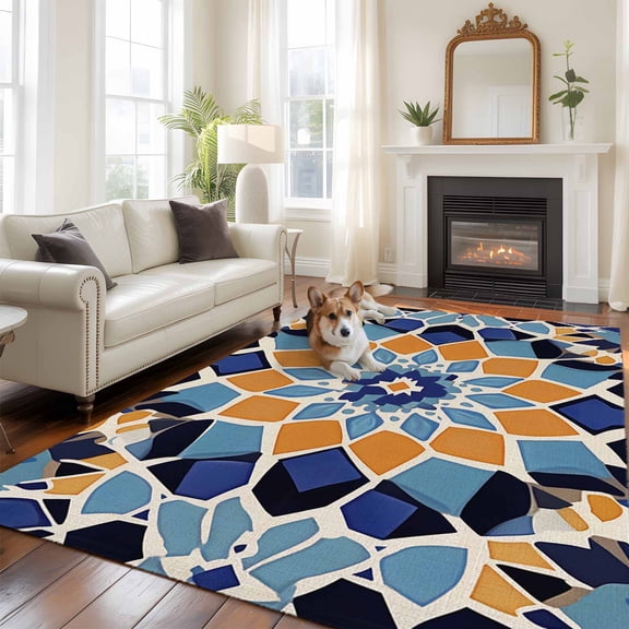 5'x8' Area Rugs, Morocco Orange Indoor Outdoor Area Rug for Living Room Bedroom, Blue Boho Retro Flower Pattern Abstract Washable Bathroom Rugs Kitchen Floor Carpet Mats Home Decor Aesthetic
