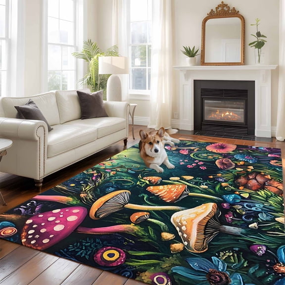 5'x8' Area Rugs, Mushroom Indoor Outdoor Area Rug for Living Room Bedroom, Dream Forest Botanical Floral Plant Washable Bathroom Rugs Kitchen Floor Carpet Mats Home Decor Aesthetic