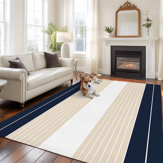 5'x8' Area Rugs, Navy Beige Striped Indoor Outdoor Area Rug for Living Room Bedroom, Gradient Geometric Blue White Washable Bathroom Rugs Kitchen Floor Carpet Mats Home Decor Aesthetic