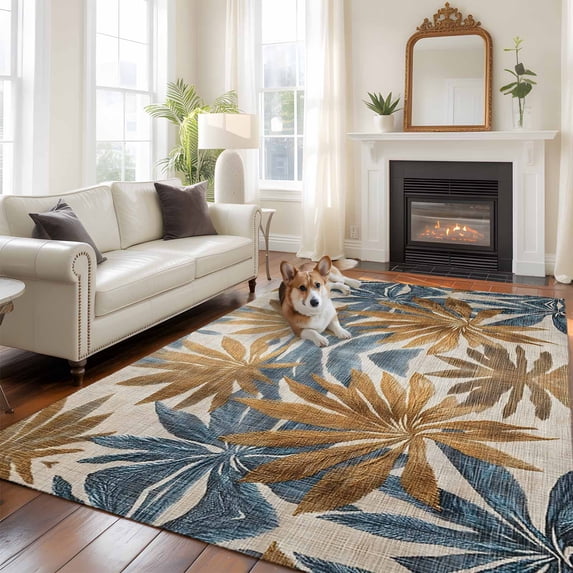 5'x8' Area Rugs, Navy Blue Brown Indoor Outdoor Area Rug for Living Room Bedroom, Retro Tropical Palm Leaves Botanical Washable Bathroom Rugs Kitchen Floor Carpet Mats Home Decor Aesthetic