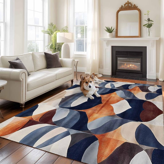 5'x8' Area Rugs, Navy Blue Burnt Orange Indoor Outdoor Area Rug for Living Room Bedroom, Retro Geometric Abstract Washable Bathroom Rugs Kitchen Floor Carpet Mats Home Decor Aesthetic