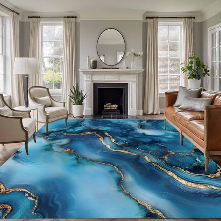 5'x8' Area Rugs, Navy Blue Marble Indoor Outdoor Area Rug for Living Room Bedroom, Ink Painting Modern Abstract Yellow Washable Bathroom Rugs Kitchen Floor Carpet Mats Home Decor Aesthetic