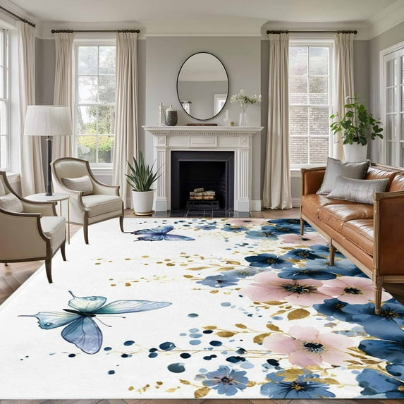 5'x8' Area Rugs, Navy Blue Spring Floral Indoor Outdoor Area Rug for Living Room Bedroom, Farmhouse Butterfly Watercolor Washable Bathroom Rugs Kitchen Floor Carpet Mats Home Decor Aesthetic