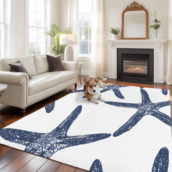 5'x8' Area Rugs, Navy Blue Starfish Coastal Indoor Outdoor Area Rug for Living Room Bedroom, Nautical Ocean Summer Beach Washable Bathroom Rugs Kitchen Floor Carpet Mats Home Decor Aesthetic